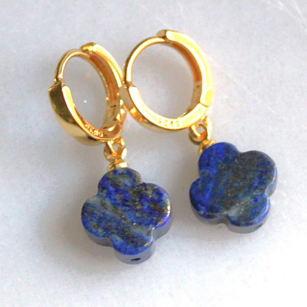 18kt Lapis Clover Dangle Hoop Earrings, Trendy Gold Jewelry, Dainty