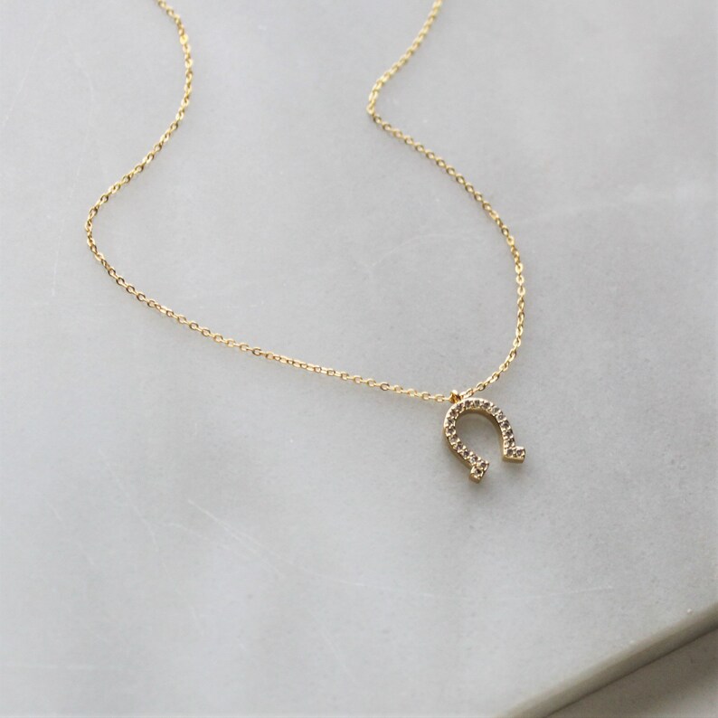 Horseshoe Dainty Gold Necklaces for Her, Pave Charm Necklace Thin Gold Chain, Dainty Necklace, Jewelry Gifts for Her, Crystal Jewelry Gift image 4