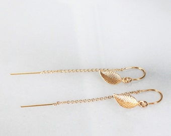 Gold Earrings, Leaf Threader Earrings, Drop Earrings, Gold Jewelry, Gold Drop Earrings, Dangling Earrings, Jewelry, Earrings