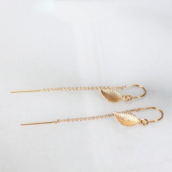 Gold Earrings, Leaf Threader Earrings, Drop Earrings, Gold Jewelry, Gold Drop Earrings, Dangling Earrings, Jewelry, Earrings