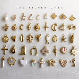 K&ouml;nnte beinhalten: Eine Sammlung von 36 goldfarbenen Charms mit verschiedenen Designs, darunter Herzen, Sterne, Kreuze, Monde und vieles mehr. Die Charms sind in Reihen auf einer wei&szlig;en Oberfl&auml;che angeordnet. Der Text "THE SILVER WREN" ist oben im Bild sichtbar.