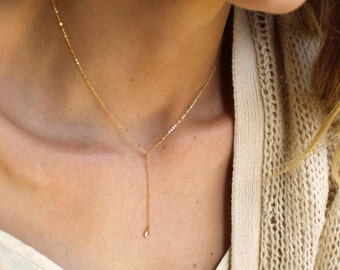 14kt Gold Filled Necklace, Lariat Necklace, Minimalist Jewelry, CZ Lariat Gold Necklace, Drop Necklace, Dainty Necklaces for Women