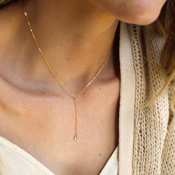 14kt Gold Filled Necklace, Lariat Necklace, Minimalist Jewelry, CZ Lariat Gold Necklace, Drop Necklace, Dainty Necklaces for Women