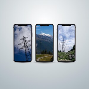 May include: Three smartphones displaying scenic landscape images. One shows a power pylon against a blue sky, another a mountain view, and the third a power pylon on a hillside.