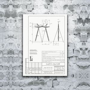 May include: A black and white blueprint of a high-voltage power line tower. The blueprint includes detailed technical drawings, measurements, and text in a grid format. The image is set against a textured, gray brick wall.