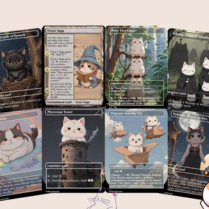May include: A set of ten illustrated Magic: The Gathering cards featuring cute cats in various settings. The cards are black with white text and borders. The cards are arranged in two rows of five.