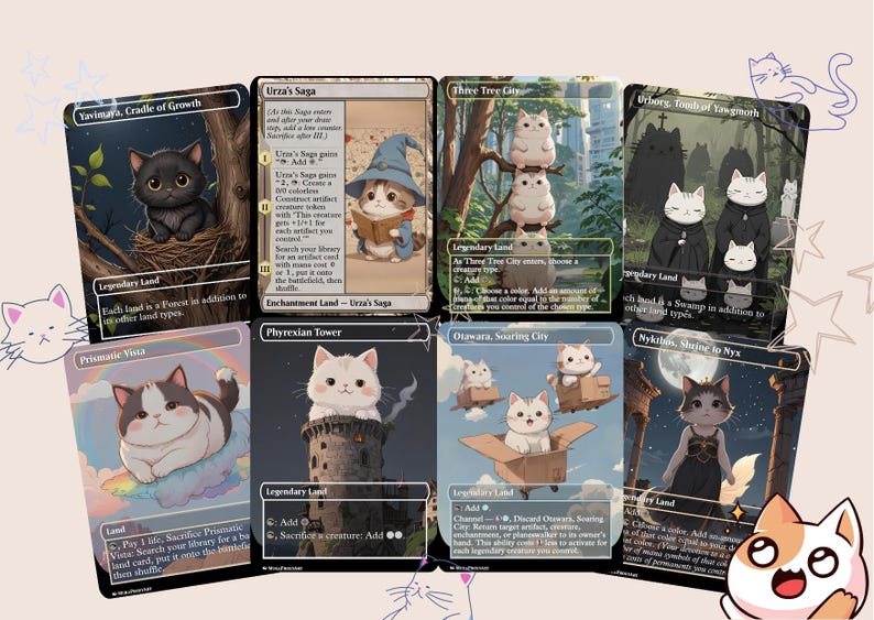 May include: A set of ten illustrated Magic: The Gathering cards featuring cute cats in various settings. The cards are black with white text and borders. The cards are arranged in two rows of five.