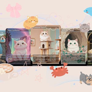 May include: Five illustrated cards with a cat theme. The cards are for a trading card game and feature different cats in various settings. The cards are all in a light pastel color scheme.