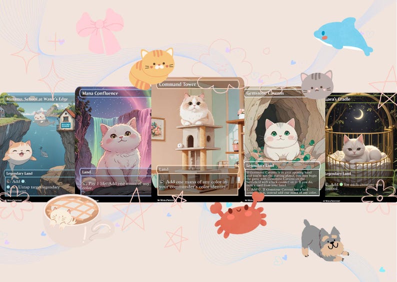 May include: Five illustrated cards with a cat theme. The cards are for a trading card game and feature different cats in various settings. The cards are all in a light pastel color scheme.