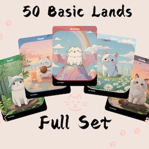 Pacote com 50 terrenos básicos de gatos fofos | Proxy fofo | Carta de arte completa de alteração personalizada | Comandante EDH | MuraProxyArt