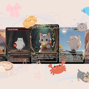 May include: Five illustrated cat-themed Magic: The Gathering cards with different colored backgrounds. The cards are titled "City of Brass", "Cavern of Souls", "Exotic Orchard", "Boseiju, Who Shelters All", and "Ancient Truths".
