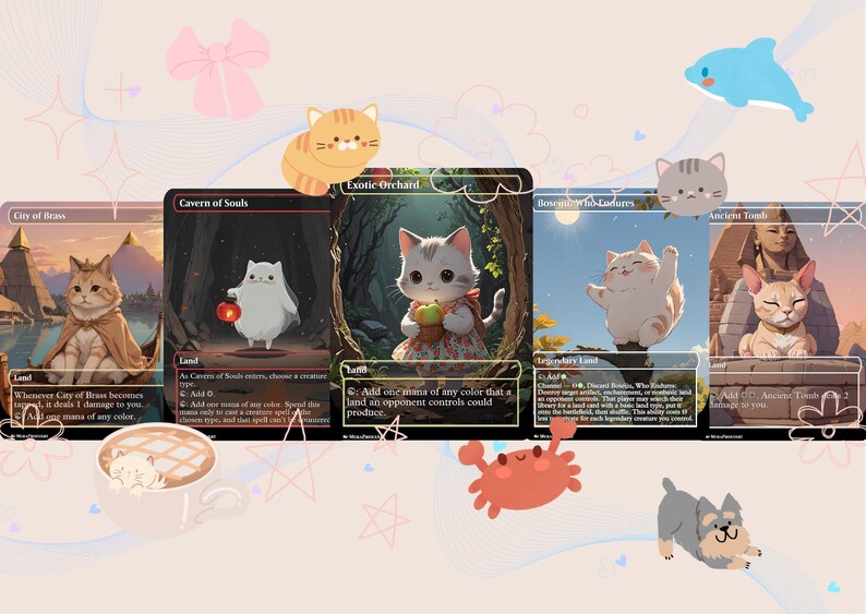 May include: Five illustrated cat-themed Magic: The Gathering cards with different colored backgrounds. The cards are titled "City of Brass", "Cavern of Souls", "Exotic Orchard", "Boseiju, Who Shelters All", and "Ancient Truths".