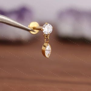 20G/18G/16G Titanium Cz Dangle Threadless Push Pin Labret • Dainty Cz Flat Back Earring • Cartilage Earring • Tragus Conch Helix Stud