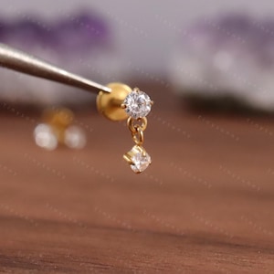 20G/18G/16G Titanium Two Stone Dangle Threadless Push Pin Labret • Dainty Cz Flat Back Earring • Cartilage Earring • Tragus Conch Helix Stud