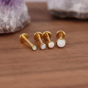 20G/18G/16G Titanium Bezel White Opal Threadless Push Pin Labret, Opal Flat Back Earring, Cartilage Stud, Nose Stud, Tragus Conch Helix Stud