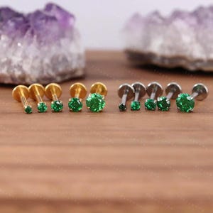 20G/18G/16G Titanium Emerald Cz Threadless Push Pin Labret • Cz Flat Back Earring • Cartilage Earring • Nose Stud • Tragus Conch Helix Stud