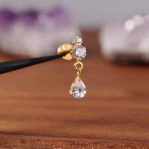20G/18G/16G Titanium Cz Dangle Threadless Push Pin Labret • Dainty Cz Flat Back Earring • Cartilage Earring • Tragus Conch Helix Stud