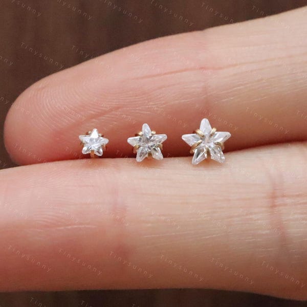 20G/18G/16G Titanium Cz Star Threadless Push Pin Labret, Star Flat Back Earring, Cartilage Stud, Nose Tragus Conch Helix Stud