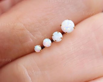 20G / 18G / 16G Titan Weißer Opal Ohrring mit flachem Rücken • Opal Threadless Push Pin Labret • Knorpel Nase Tragus Conch Helix Bolzen