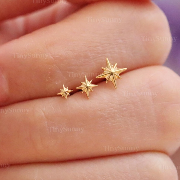 Piercing de titanio con forma de estrella, sin rosca, para labio, parte trasera plana, cartílago, nariz, trago, caracola y hélix, 20/18/16 g