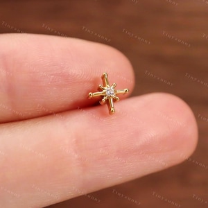 20G/18G/16G Titanium Cz Starburst Flat Back Earring • Star Threadless Push Pin Labret • Cartilage Stud • Nose Stud • Tragus Conch Helix Stud