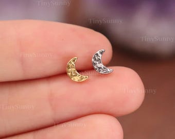 20G/18G/16G Titanium Moon Hammer Finish Flat Back Earring, Celestial Threadless Push Pin Labret, Cartilage Nose Tragus Conch Helix Stud