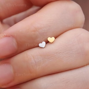 Pode incluir: Close-up de dois pequenos brincos em forma de coração. Um é prateado, o outro é dourado. Os brincos são exibidos nos dedos de uma pessoa. A marca "TinySunny" é visível.