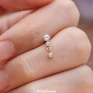 20G/18G/16G Titanium Cz Dangle Threadless Push Pin Labret • Dainty Cz Flat Back Earring • Cartilage Earring • Tragus Conch Helix Stud