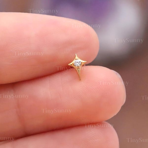 20G/18G/16G Titanium Star Cz Threadless Push Pin Labret • Flat Back Earring • Cartilage Nose Tragus Conch Helix Stud