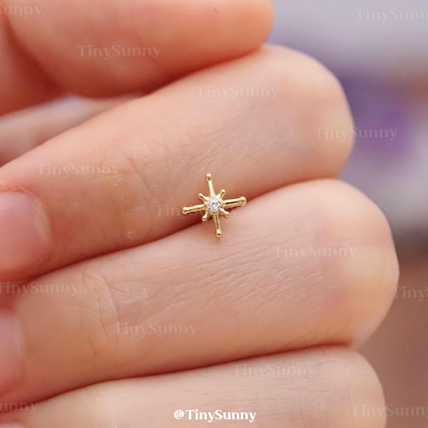 20G/18G/16G Titanium Cz Starburst Flat Back Earring • Star Threadless Push Pin Labret • Cartilage Stud • Nose Stud • Tragus Conch Helix Stud