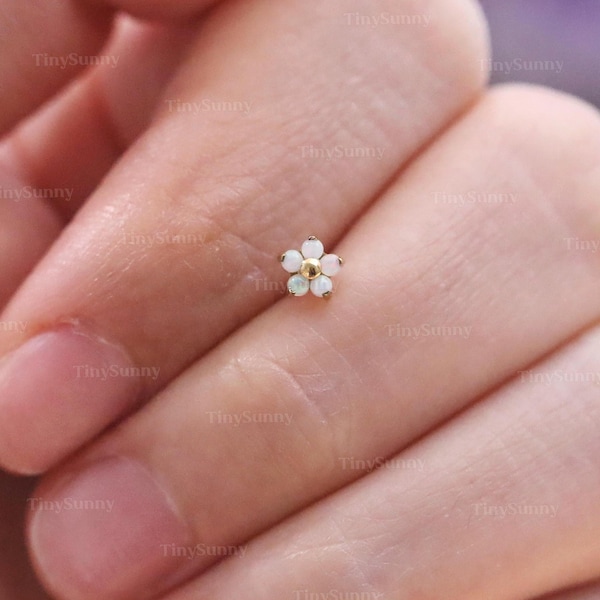 20G/18G/16G Titanium Opal Flower Flat Back Earring, Threadless Push Pin Labret, Cartilage Earring, Nose Stud, Tragus Conch Helix Stud