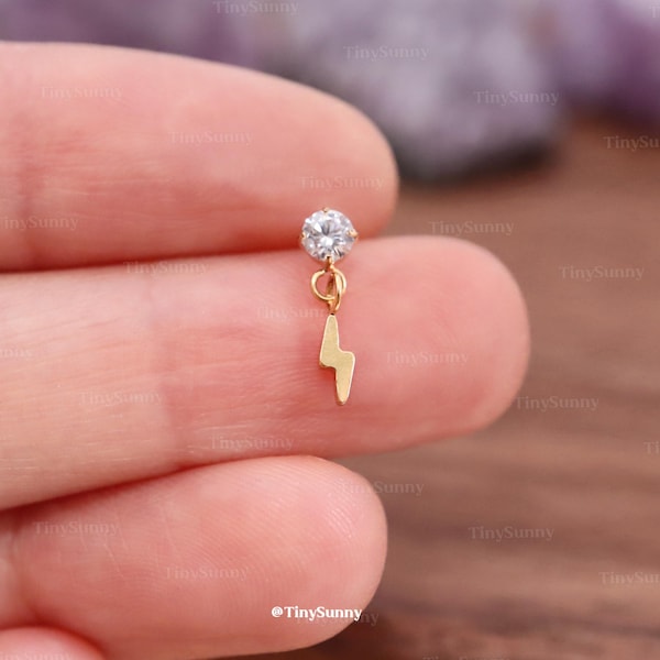 20G/18G/16G Titanium Cz Lightning Dangle Threadless Push Pin Labret • Spike Flat Back Earring • Cartilage Earring • Tragus Conch Helix Stud