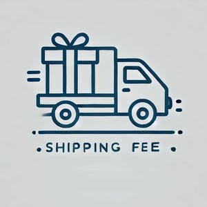 May include: A navy blue line drawing of a delivery truck carrying a gift box with a bow. The text below the truck reads "SHIPPING FEE". The image is on a white background.