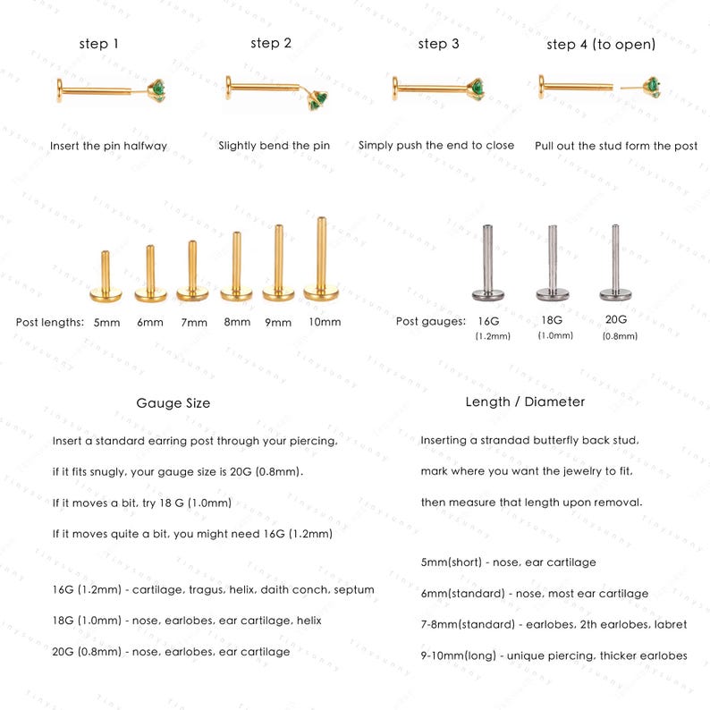 May include: Diagram illustrating the steps for inserting and sizing an earring post, with post lengths from 5mm to 10mm and gauges from 16G to 20G. Includes instructions for measuring and selecting the correct size for various ear piercings.