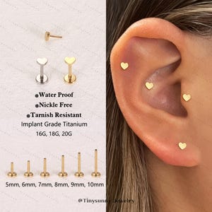 20G/18G/16G Titanium Heart Flat Back Earring • Moon Threadless Push Pin Labret • Cartilage Earring • Nose Stud • Tragus Conch Helix Stud