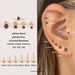 20G/18G/16G Titanium Black Cz Flat Back Earring • Cz Threadless Push Pin Labret • Cartilage Stud • Cz Nose Stud • Tragus Conch Helix Stud