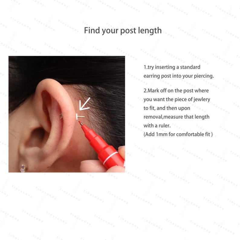 May include: Image showing how to measure earring post length. Text reads: "Find your post length." Instructions include inserting a standard earring post, marking the desired length, and measuring with a ruler. Add 1mm for a comfortable fit.