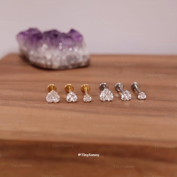 20G/18G/16G Titanium Heart Cz Threadless Push Pin Labret, Flat Back Earring, Cartilage Nose Tragus Conch Helix Stud