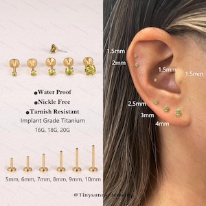 20G/18G/16G Titanium Peridot Cz Flat Back Earring • Green Cz Threadless Push Pin Labret • Cartilage Stud • Nose Tragus Conch Helix Stud