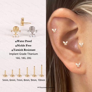 20G/18G/16G Titanium Butterfly Cz Flat Back Earring • Cz Threadless Push Pin Labret • Cartilage Earring • Nose Stud• Tragus Conch Helix Stud