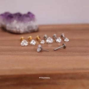 May include: A collection of heart-shaped stud earrings and a single labret stud with a heart-shaped gem. The earrings are in gold and silver tones, with clear, sparkling gems. The background is a wooden surface.
