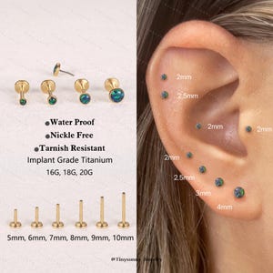 20G/18G/16G Titanium Bezel Green Opal Threadless Push Pin Labret, Opal Flat Back Earring, Cartilage Stud, Nose Stud, Tragus Conch Helix Stud