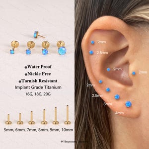 20G/18G/16G Titanium Blue Opal Threadless Push Pin Labret • Opal Flat Back Earring • Cartilage Earring • Nose Stud • Tragus Conch Helix Stud