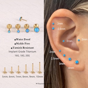 20G/18G/16G Titanium Bezel Opal Threadless Push Pin Labret • Blue Opal Flat Back Earring • Cartilage Earring • Nose Tragus Conch Helix Stud