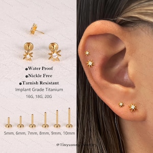 20G/18G/16G Titanium Starburst Flat Back Earring • Star Threadless Push Pin Labret • Cartilage Earring • Nose Stud • Tragus Conch Helix Stud