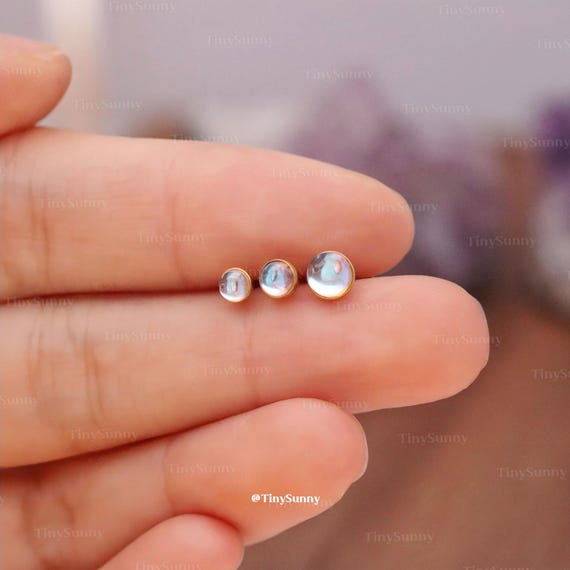 20G/18G/16G Titanium Moonstone Threadless Push Pin Labret, Moonstone Flat Back Earring, Cartilage Stud, Nose Stud, Tragus Conch Helix Stud