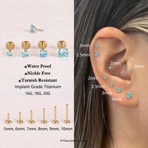 Labret sans filetage 20G/18G/16G en ZC bleu titane • Boucle d'oreille en cz à l'arrière plat • Boucle d'oreille pour cartilage • Clou de nez • Clou de conque en hélice de tragus