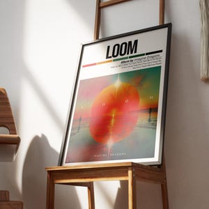 Puede incluir: Un póster enmarcado con una escena de puesta de sol colorida y el texto "LOOM Album by Imagine Dragons" con una lista de canciones. El póster está en un caballete de madera.