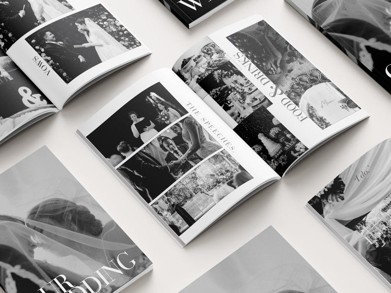 Portrait wedding magazine template mockup on dark black silk fabric background, vertical high-fashion photography layout for couples, minimalist 50-page art book editable in Canva, luxury cream paper wedding keepsake, editorial photography spread, professional photography portfolio, coffee table book aesthetic, modern typography, high-contrast cinematic shadows, DIY wedding stationery, luxury bridal gift, cinematic wedding album design by ModusAtelier, printable high-resolution 300 DPI.