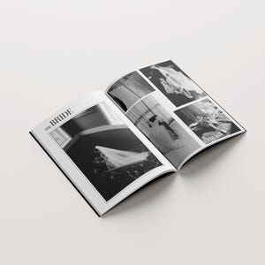 Portrait wedding magazine template mockup on dark black silk fabric background, vertical high-fashion photography layout for couples, minimalist 50-page art book editable in Canva, luxury cream paper wedding keepsake, editorial photography spread, professional photography portfolio, coffee table book aesthetic, modern typography, high-contrast cinematic shadows, DIY wedding stationery, luxury bridal gift, cinematic wedding album design by ModusAtelier, printable high-resolution 300 DPI.